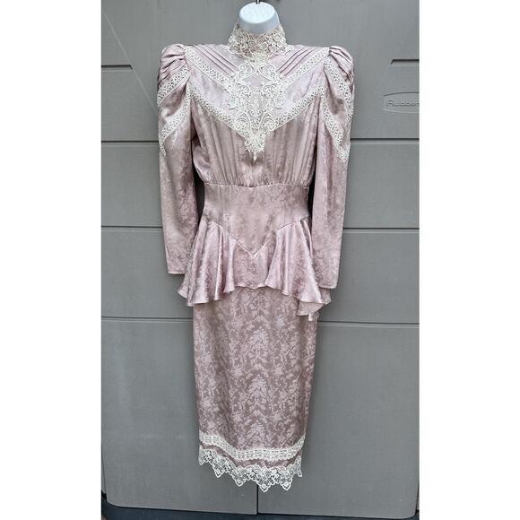 VTG JESSICA McCLINTOCK Pink Silk Lace Prairie Dress High Neck Victorian Cottage - Picture 1 of 16